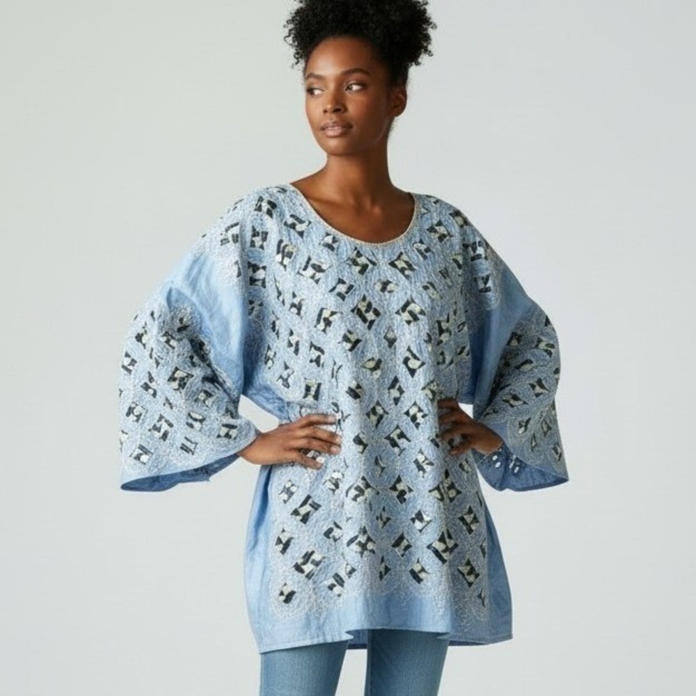 Vintage African Light Blue Embroidered Kaftan Tunic Top Wide Sleeve Velvet Large